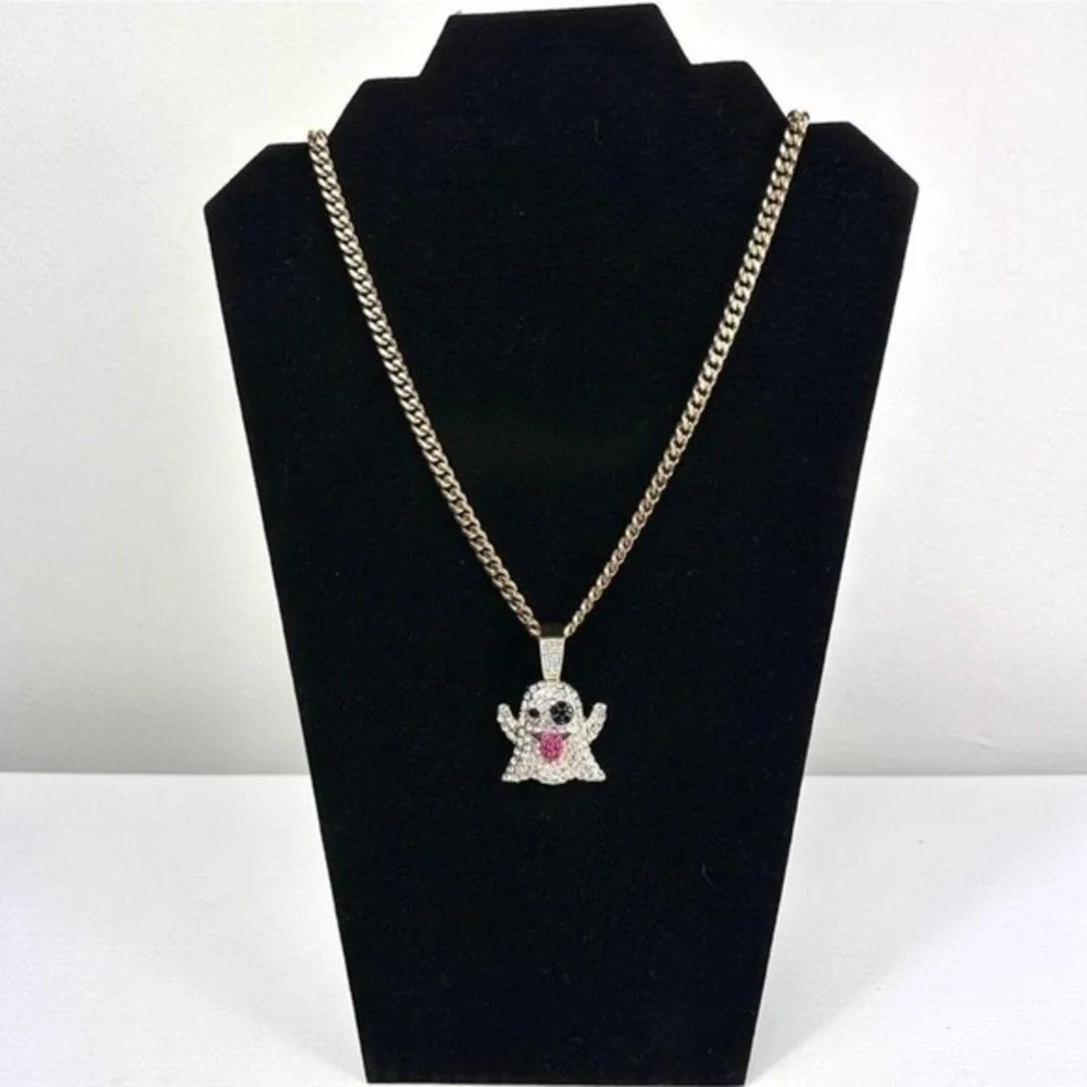 Crystal Ghost Pendant Necklace Jewelry Gold Colored Chain Whimsical Rhinestone‎